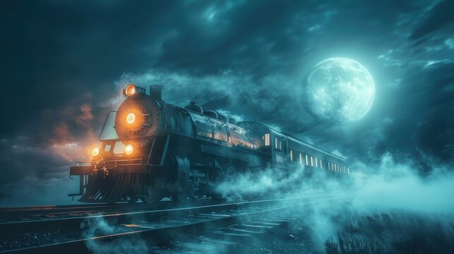 A mysterious steam train travels at night through fog, illuminated by a full moon, creating an eerie, cinematic atmosphere.