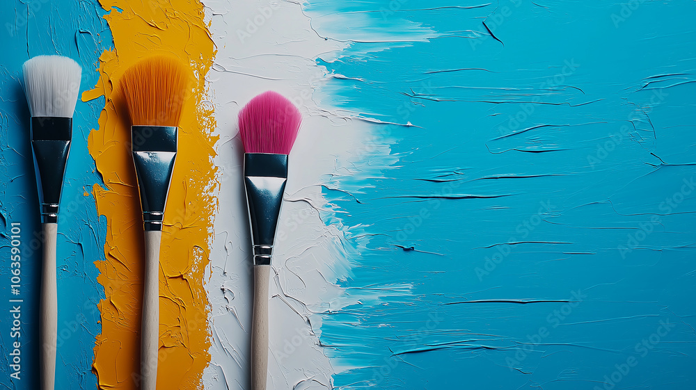 Aufkleber three paintbrushes with colorful bristles lie on textured canvas, featuring vibrant blue, white, and