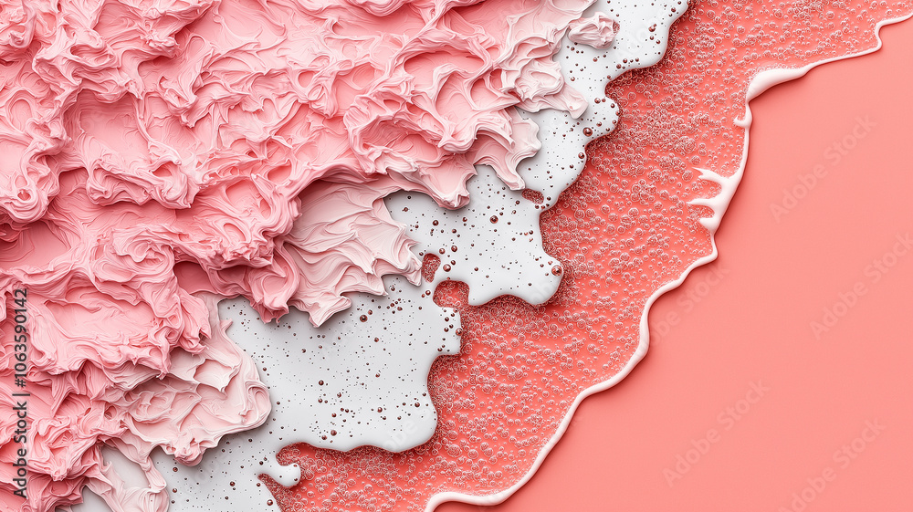Poster abstract background with textured pink and white layers resembling waves, creating dynamic and artis