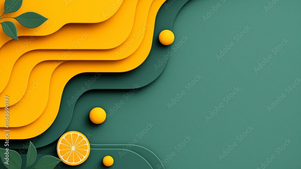 Poster vibrant abstract background with layered yellow and green curves, featuring citrus elements and leav