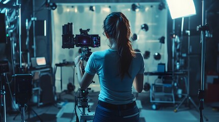 Fototapeta premium A Woman Operating a Camera in a Film Studio