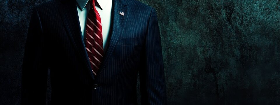 Distinctive business suit with red tie against textured dark background