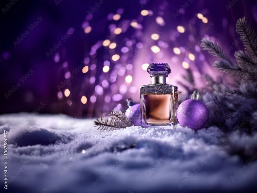 Poster a perfume bottle sits on a snowy surface with purple ornaments and a pine branch. the background is 