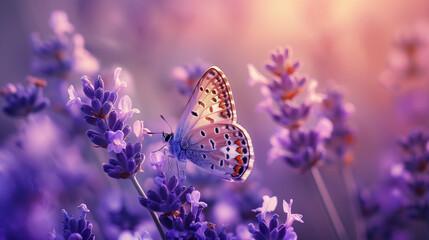 Butterfly perched on lavender flowers with soft lighting