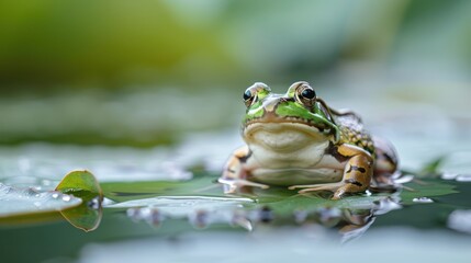 A green frog sits calmly on a lily pad in a serene pond, surrounded by water droplets and natural greenery.