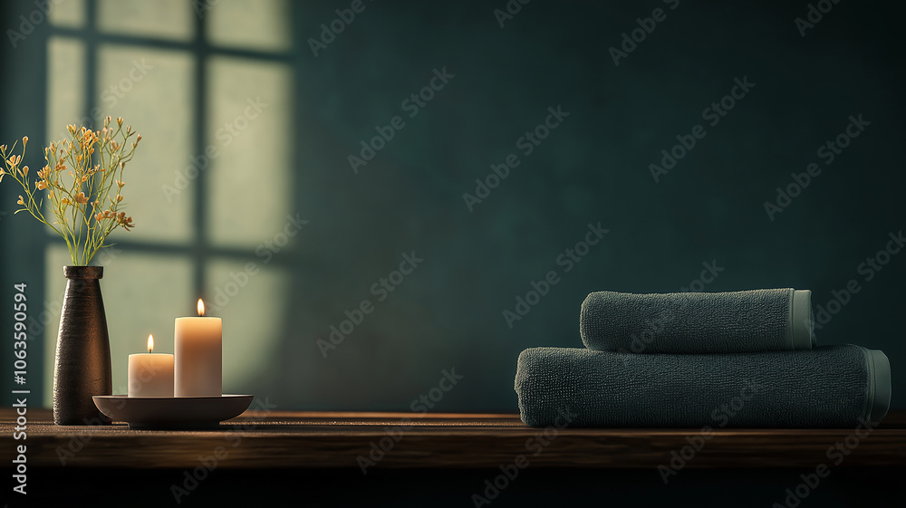 Poster serene spa room with soft candlelight and neatly folded towels creates calming atmosphere. gentle light through window adds to peaceful ambiance