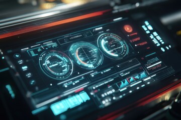 Obraz premium Futuristic Vehicle Dashboard with Illuminated Gauges and Digital Display
