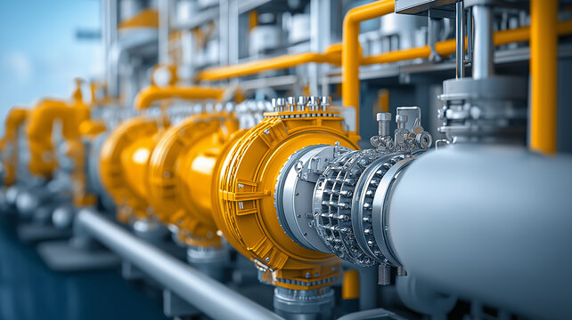 complex network of industrial pipes and valves in ship engine room, showcasing intricate engineering and vibrant colors