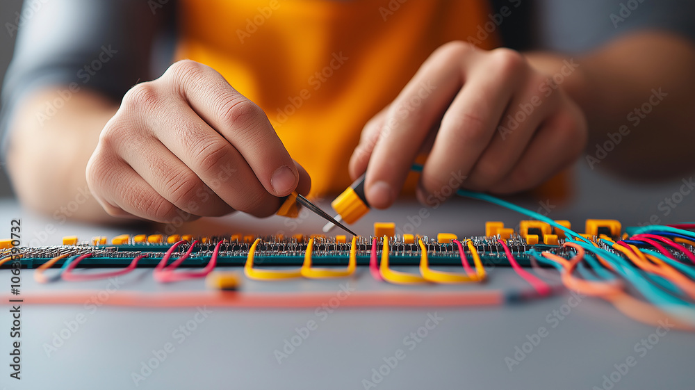 Poster hands working on circuit board with colorful wires, showcasing precision and focus in electronics