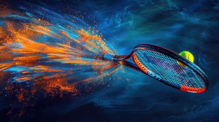 A tennis racket hitting a ball, captured with a vivid color trail, emphasizing speed, power, and dynamic motion in sports.