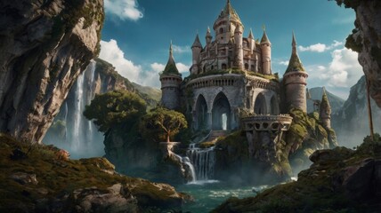 Majestic floating islands drift above a vast ocean, suspended in the sky by shimmering light. Lush greenery and cascading waterfalls spill over the edges, while wisps of clouds swirl beneath them.