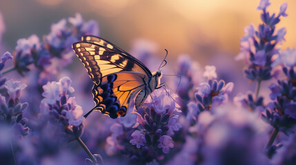 Butterfly perched on lavender flowers with soft lighting