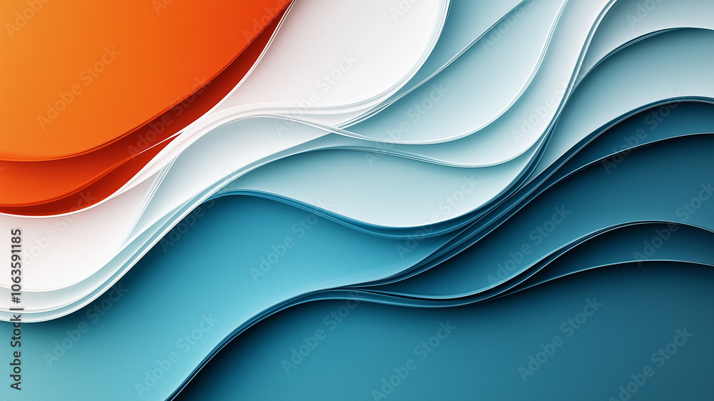 Poster abstract waves of orange, white, and blue create dynamic and flowing design. layered curves evoke se