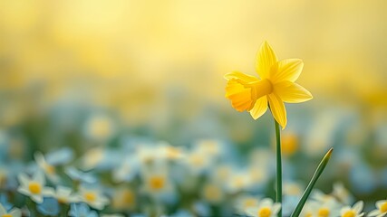 A single daffodil stands tall, its vibrant yellow petals contrasting against a backdrop of soft, out-of-focus white blooms, bathed in the warm glow of a golden sunrise.