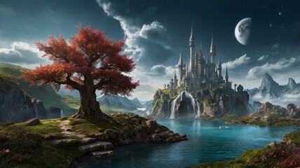 Majestic floating islands drift above a vast ocean, suspended in the sky by shimmering light. Lush greenery and cascading waterfalls spill over the edges, while wisps of clouds swirl beneath them.
