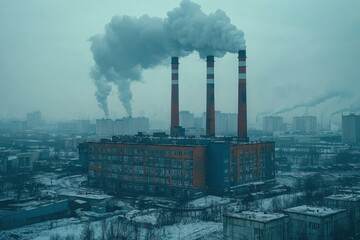 Industrial Smokestacks and Cityscape on a Foggy Day