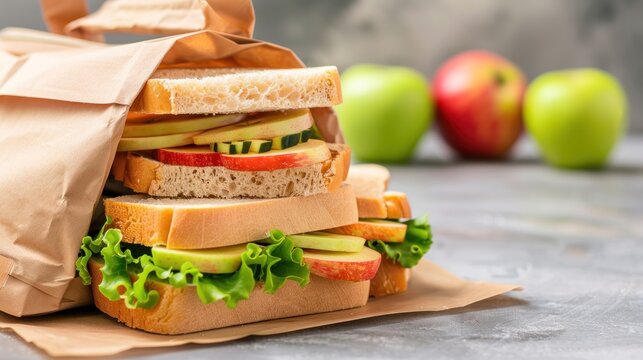 Healthy sandwiches with apples and lettuce in brown bag on urban background