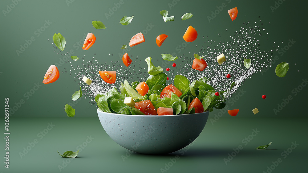 Poster vibrant salad with fresh tomatoes, basil, and cheese cubes is artistically tossed in bowl, creating 
