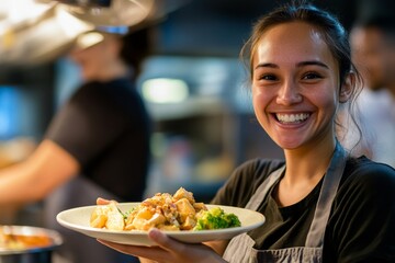 A cheerful young woman proudly displays her made dish in a vibrant kitchen environment, showcasing culinary skill and a passion for community engagement.