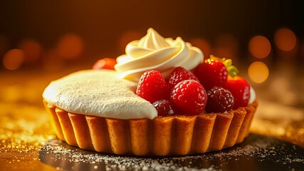 A delicate pastry crust adorned with fluffy whipped cream and a vibrant array of red and black berries, capturing the essence of sweet indulgence.