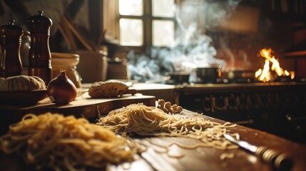 Noodles and wheat near stove on dining table