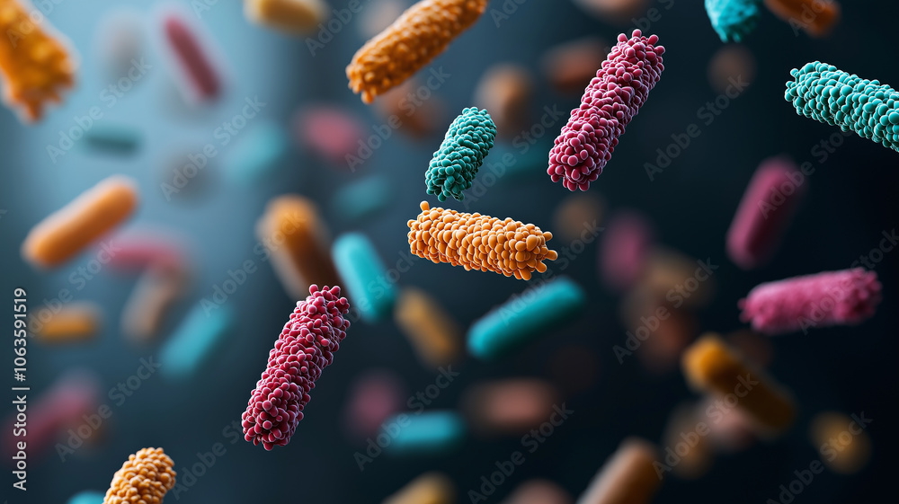 Leinwandbilder colorful pathogen particles suspended in liquid environment, showcasing diverse shapes and textures.
