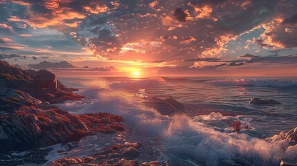 Fototapeta premium A dramatic sunset over a rocky shoreline with crashing waves, fine details in the textures and ultra-realistic rendering with vibrant colors