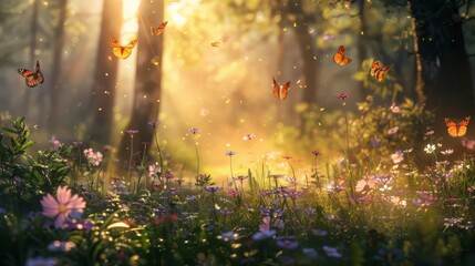 Naklejka premium A serene forest clearing with wildflowers and butterflies, soft sunlight casting a warm glow, ultra-high-definition textures and fine details.