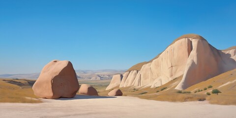 A large rock sits in the middle of a desert. The sky is clear and blue, and the landscape is barren and rocky. The scene is peaceful and serene, with the only sounds being the wind