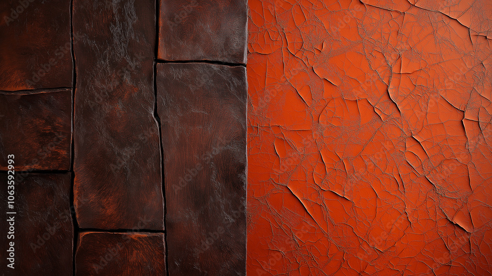 Poster textured abstract background with soft grainy look, featuring split design of dark brown and vibrant orange cracked surfaces, creating striking contrast