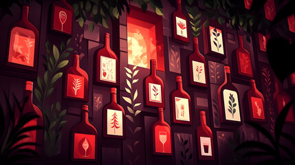 A wall of red wine bottles with unique labels, illuminated from behind by a warm glow.