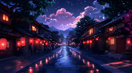 Fototapeta premium Rainy Night in a Japanese Town - Illustration