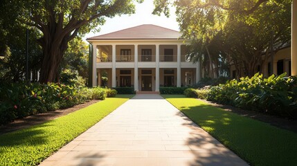 Naklejka premium Grand mansion with massive trees surrounding, lush garden, timeless traditional look