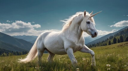 A realistic mythical unicorn grazes in a grassy field beside a barn in Canada