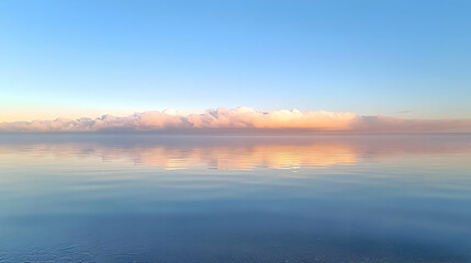 Calm, still water with a reflection of fluffy pink clouds and a blue sky.
