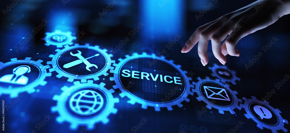 Poster Service support customer help call center Business technology button on virtual screen.