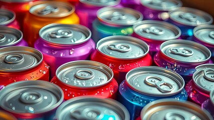 A symphony of colors and textures as aluminum cans glisten with condensation droplets, showcasing a visual feast of metallic hues and circular forms.