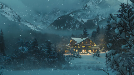 winter wonderland, capture a beautiful snowy mountain night scene with canon eos r and rfmm f lens for sharpness and depth, showcasing a cozy wooden house amidst snow-covered trees and misty