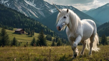 A realistic mythical unicorn grazes in a grassy field beside a barn in Canada