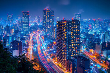 Fototapeta premium Vibrant city skyline illuminated by neon lights at night in Tokyo