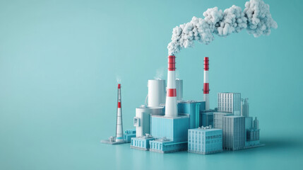 A miniature cityscape featuring industrial buildings and smokestacks billowing clouds, set against a light blue background.