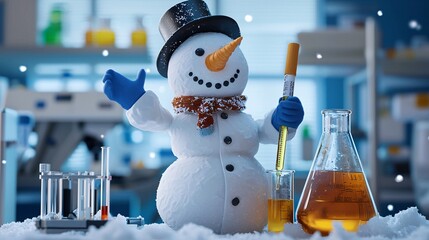 Snowman in a Lab Coat Holding a Test Tube in a Snowy Laboratory Setting