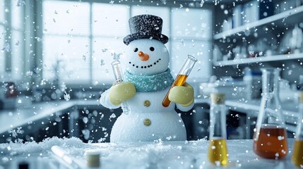 Snowman in a Lab Coat Holding a Test Tube in a Snowy Laboratory Setting