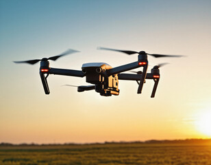 .The drone flies in the sky, the blades rotate.