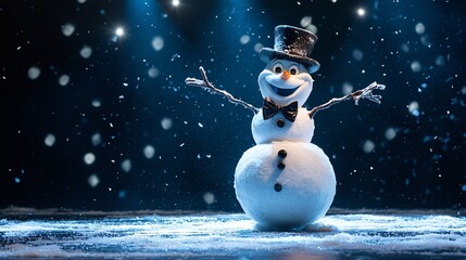 Snowman in Mid-Dance Pose Wearing a Top Hat and Bow Tie on a Snowy Stage with Spotlight Effects