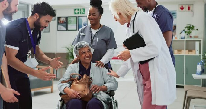 Medical staff, clap or happy woman in wheelchair for recovery success or celebrate discharge. Team, health worker or applause mature person with disability, healing cancer or rehabilitation in clinic