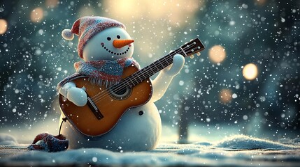 Snowman Playing Acoustic Guitar on Snowy Outdoor Stage with Scarf and Subtle Lights