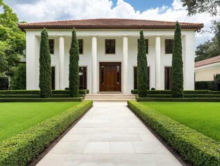 Grand colonial house under tall cypress trees, lush yard, traditional elegance