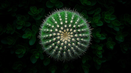 A close-up view from above shows a spherical cactus, known as a golden ball cactus, covered in sharp spikes, highlighting its unique form and texture.