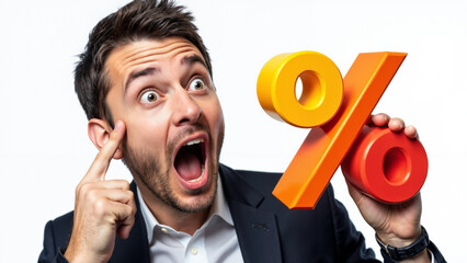 Shocked businessman holding 3D percentage sign: Perfect for finance ads, discount promotions, and banking campaigns